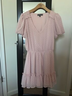 Crystal Doll Blush Pink Swiss Dot V-Neck Mini Dress